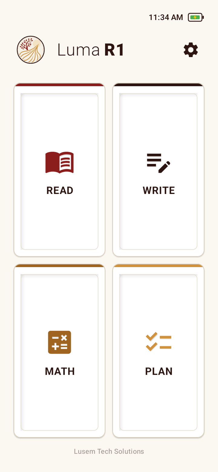 Luma R1 Home screen with Read, Write, Math, and Plan tiles and a Settings gear.