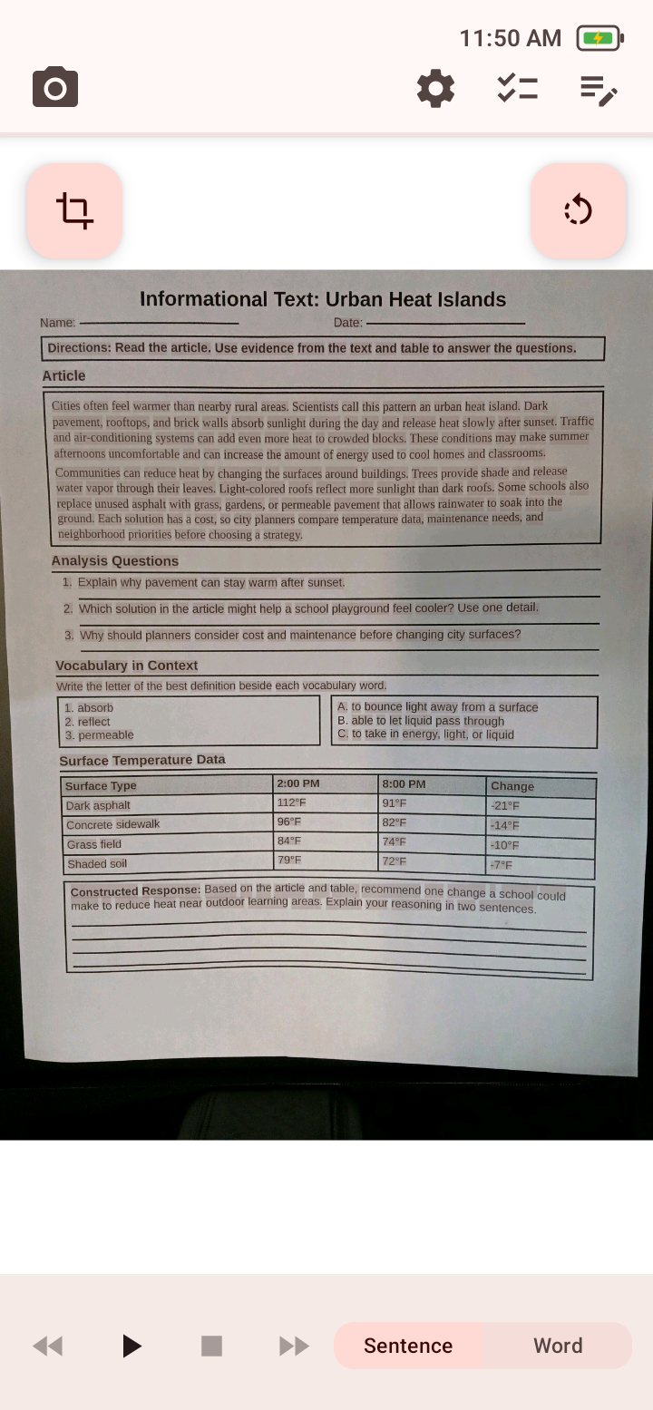 Recognized page in the Photo Screen with crop, rotate, playback, Sentence and Word controls.