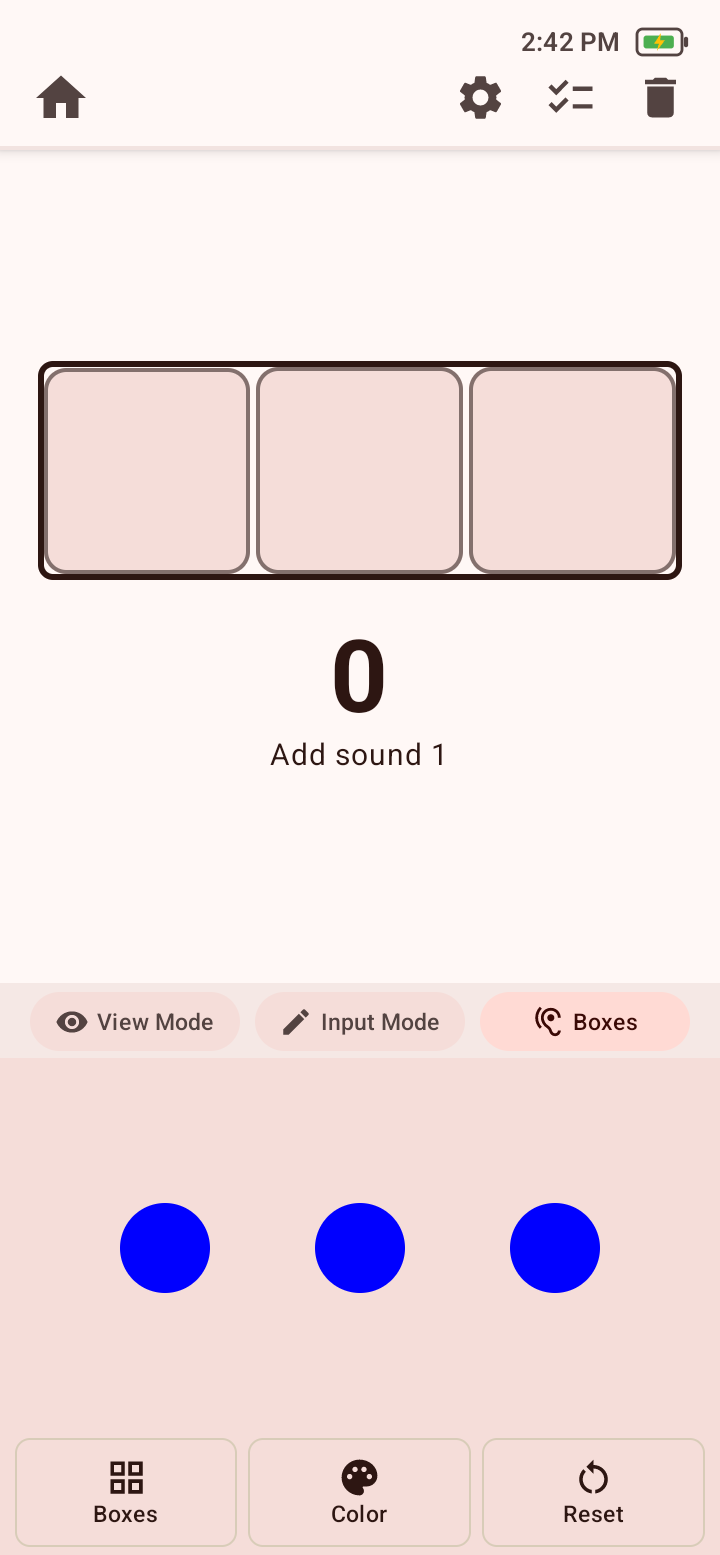 Sound Boxes or Elkonin Boxes workspace with three empty boxes, a sound counter, three available tokens, and Boxes, Color, and Reset controls.