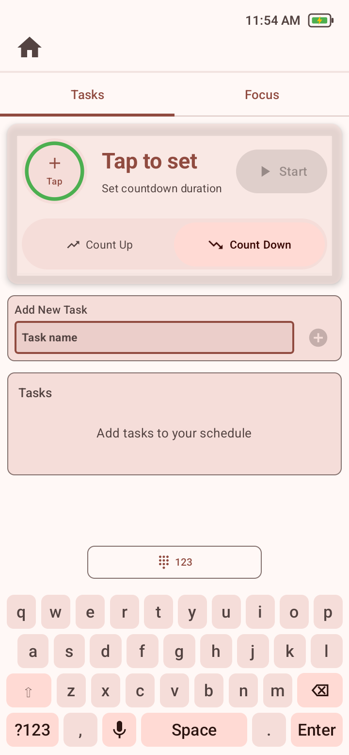 Plan Tasks tab with timer card, task name field, task list, microphone, and keyboard.