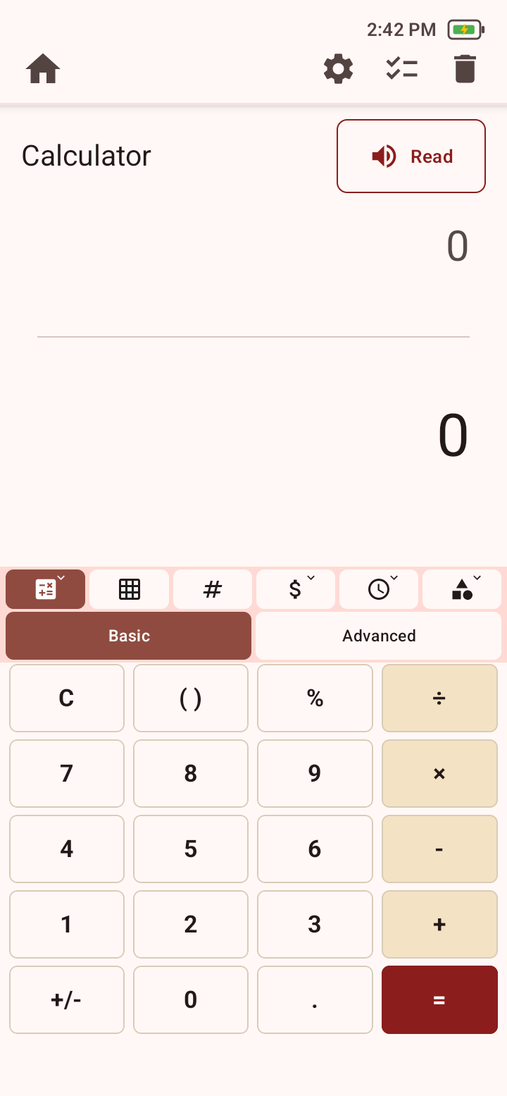 Basic Calculator with expression and result areas, Read control, Basic and Advanced choices, and arithmetic keypad.