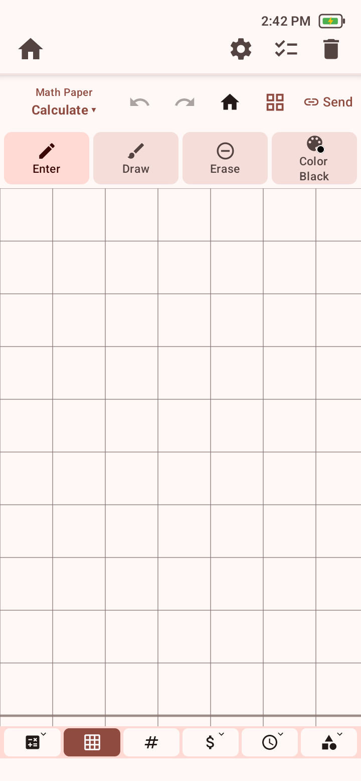 Math Paper in Calculate mode with Enter, Draw, Erase, Color, undo, redo, axis, positioning, and Send controls.