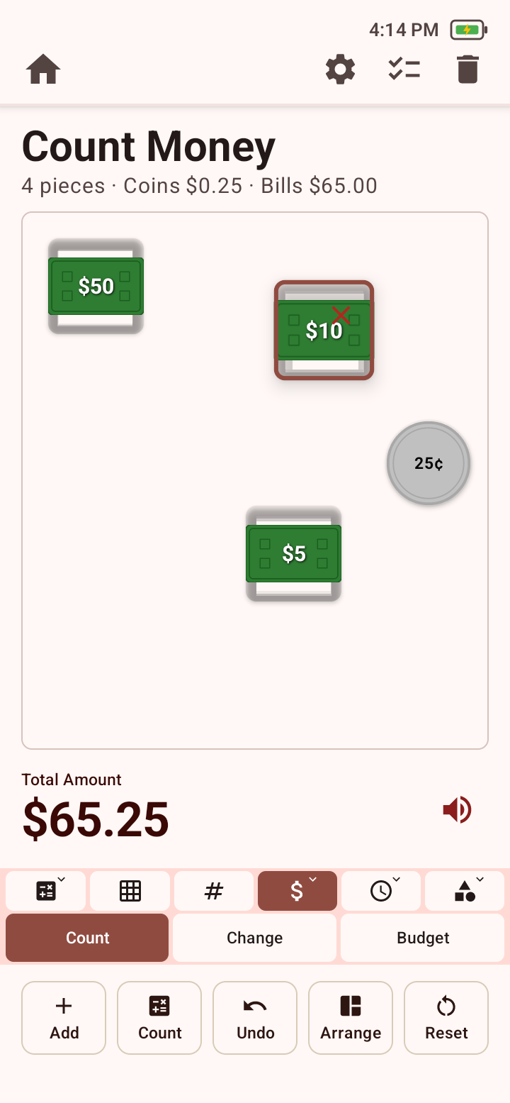 Count Money workspace showing a fifty-dollar bill, ten-dollar bill, five-dollar bill, and quarter totaling sixty-five dollars and twenty-five cents, with Add, Count, Undo, Arrange, and Reset controls.