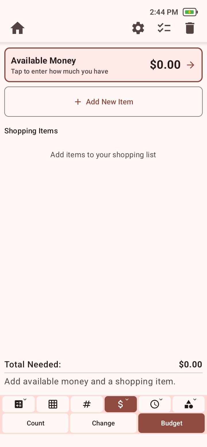 Budget workspace with Available Money, Add New Item, Shopping Items, and Total Needed areas.