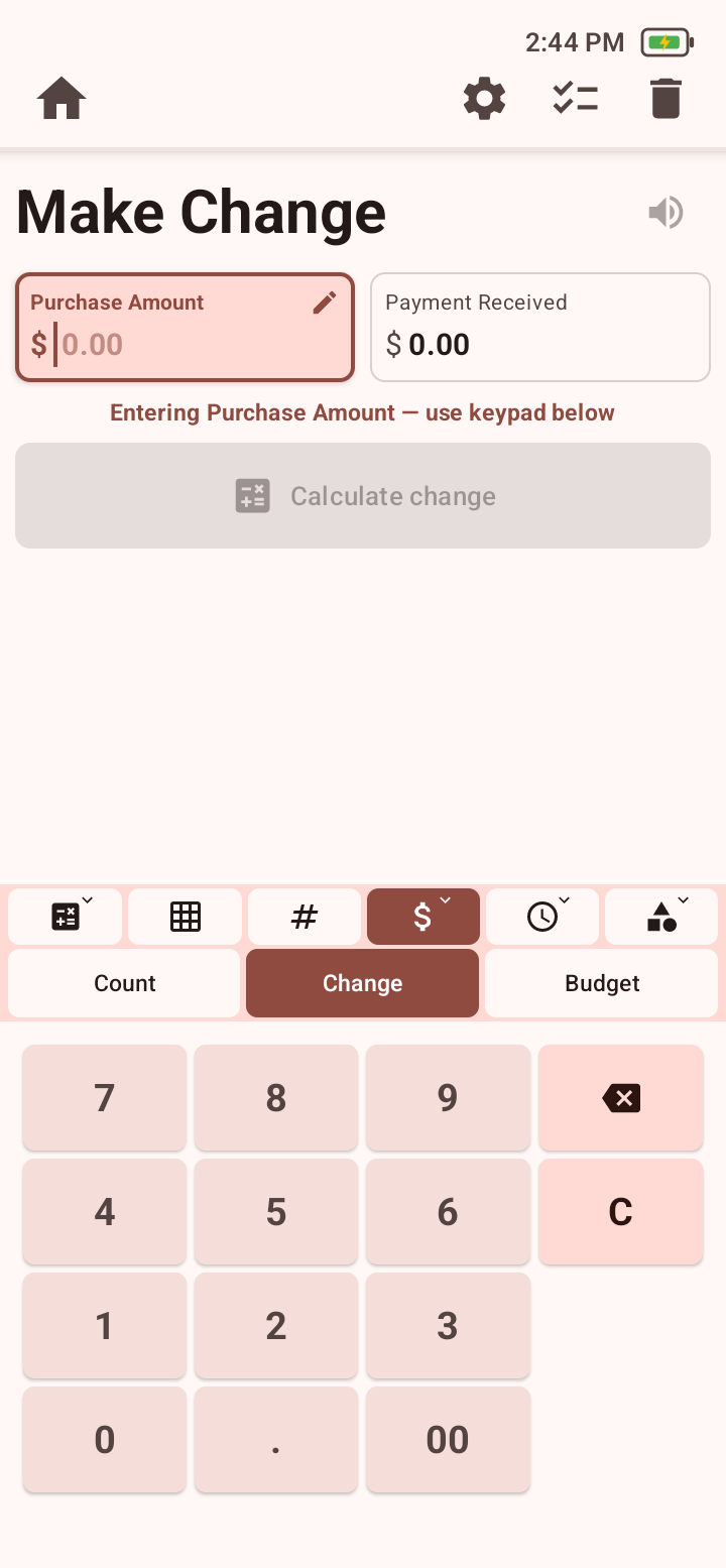Money Change workspace with purchase amount, payment amount, keypad, and change action.