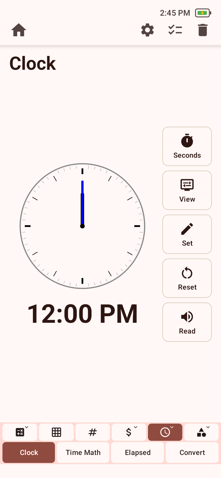 Clock tool showing an analog clock, digital time, and Seconds, View, Set, Reset, and Read controls.