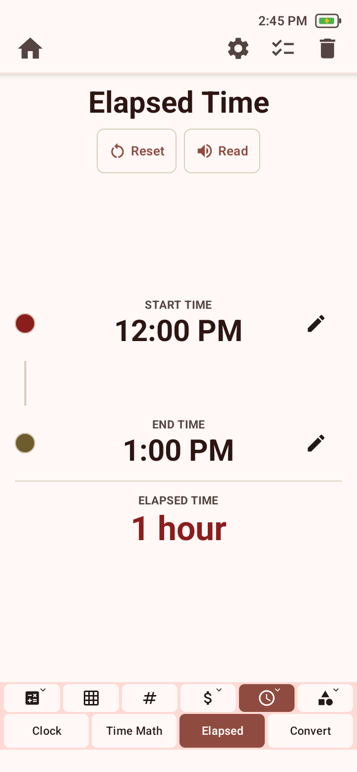 Elapsed Time tool with editable start and end times, an elapsed-time result, Reset, and Read controls.