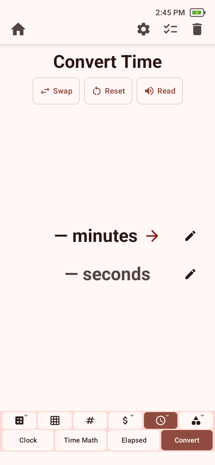 Convert Time tool with editable source and target values, Swap, Reset, and Read controls.