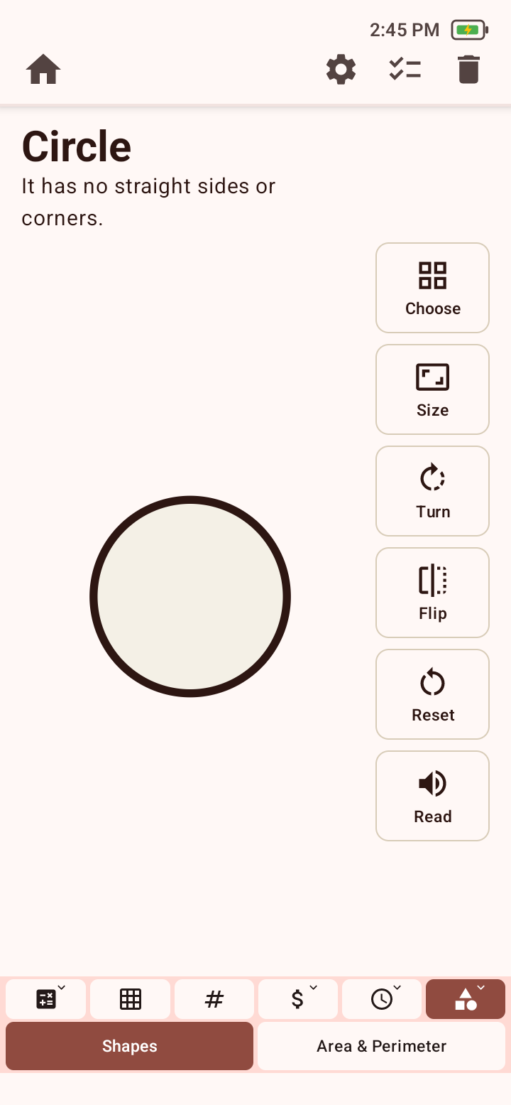 Geometry Shapes tool showing a circle, its description, and Choose, Size, Turn, Flip, Reset, and Read controls.