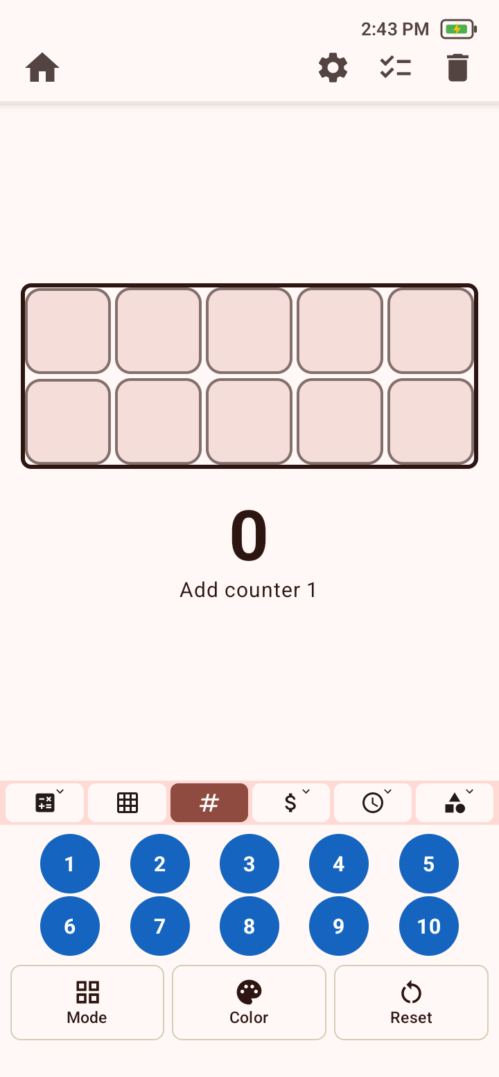 Ten-frame with two rows of five boxes, a counter total, ten numbered counters, and Mode, Color, and Reset controls.