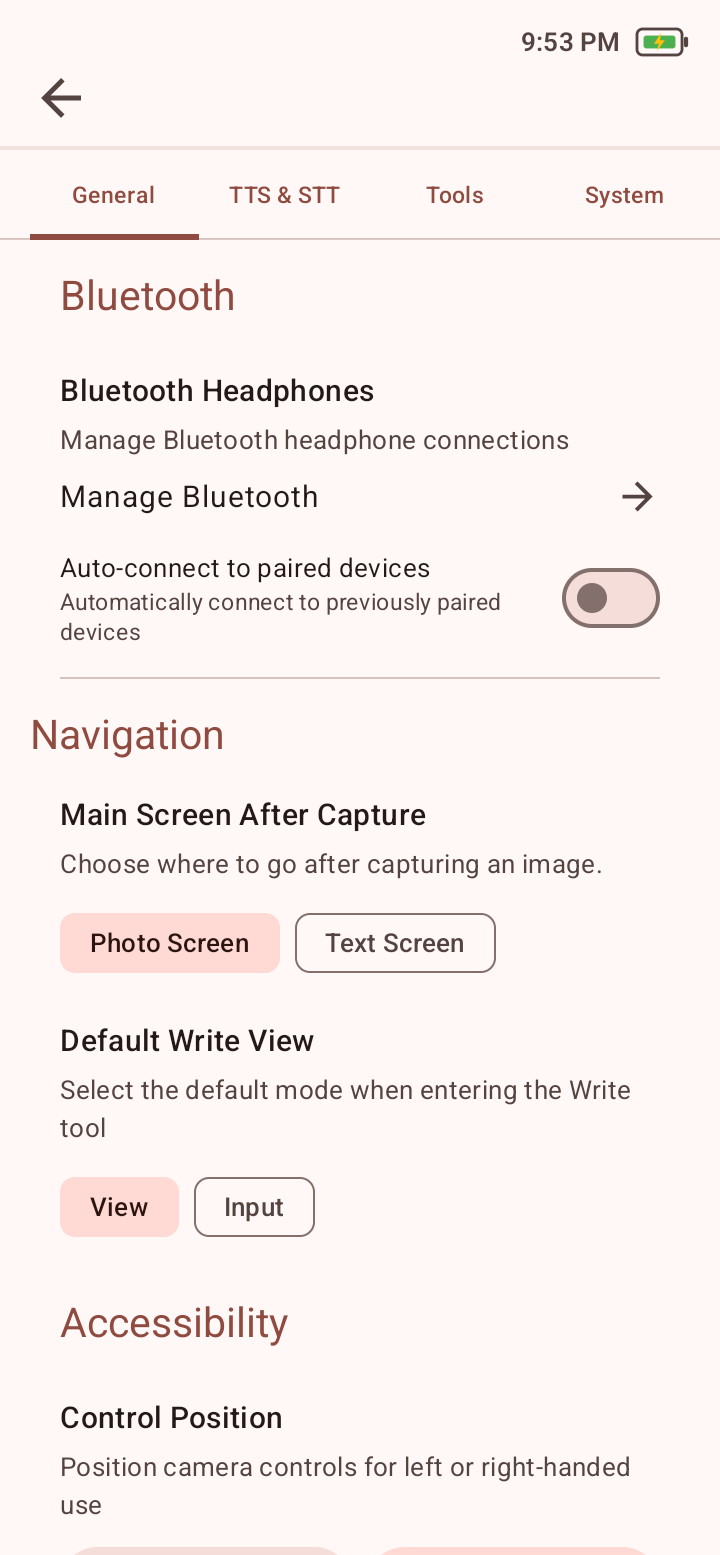 General settings showing Bluetooth controls, Main Screen After Capture, and Default Write View with View and Input choices.