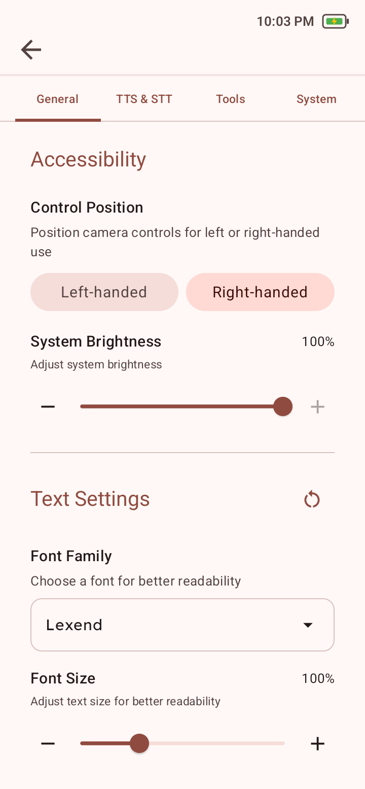 General settings showing control position, system brightness, font family, and font size.