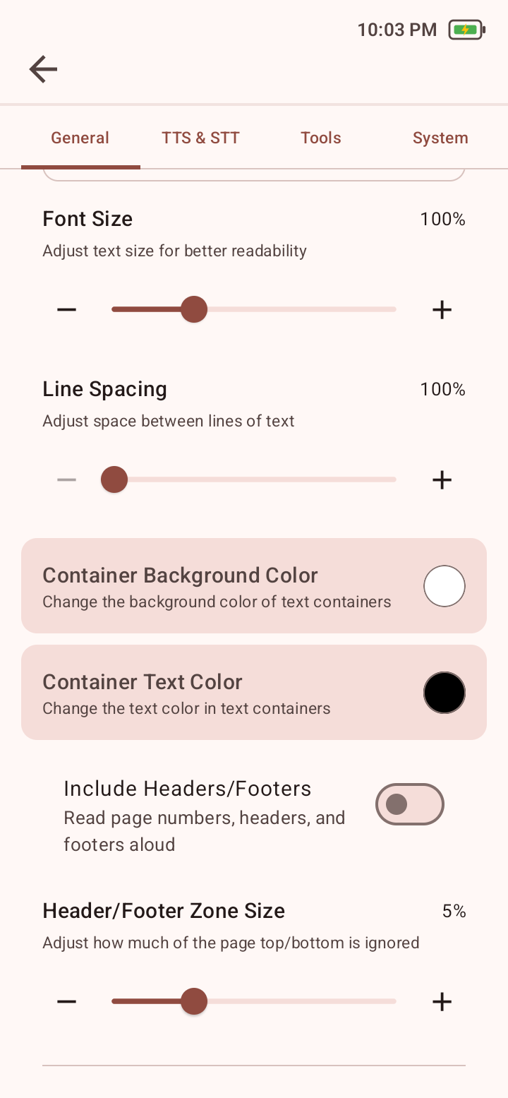 General settings showing text colors, header and footer inclusion, and zone size.