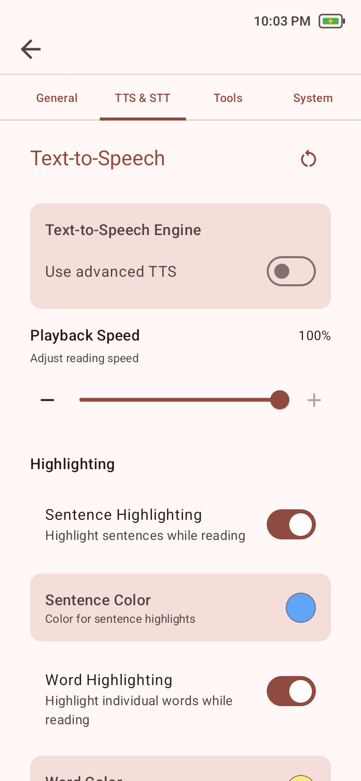 TTS and STT settings showing the text-to-speech engine, playback speed, and sentence highlighting.