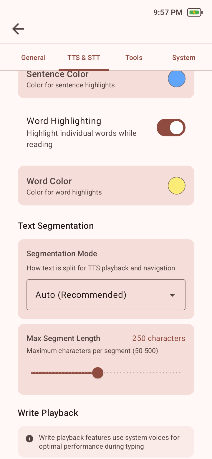 TTS and STT settings showing word highlighting, segmentation mode, maximum segment length, and the Write Playback heading.