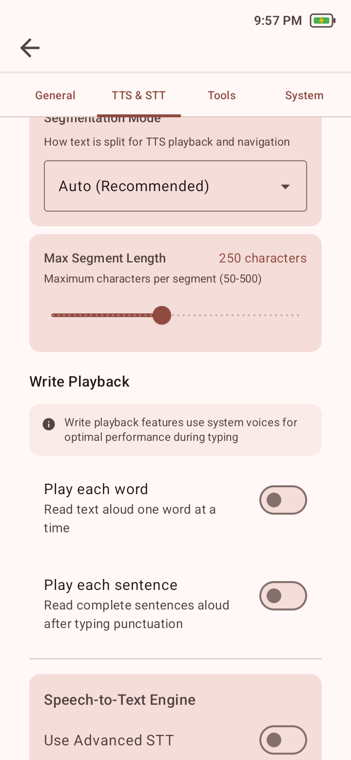 TTS and STT settings showing Write Playback, play-each-word, play-each-sentence, and the speech-to-text engine.