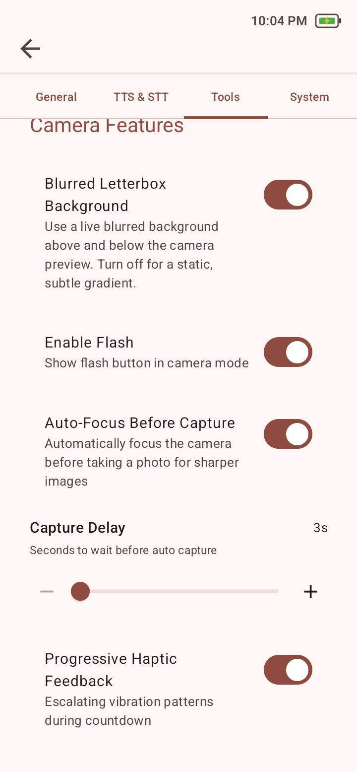 Tools settings showing camera letterbox, flash, autofocus, capture delay, and haptic feedback.