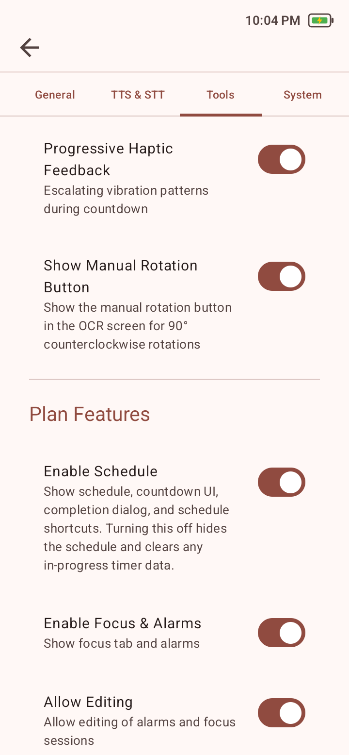 Tools settings showing rotation, Plan, Focus and Alarms, editing permission, and haptics.