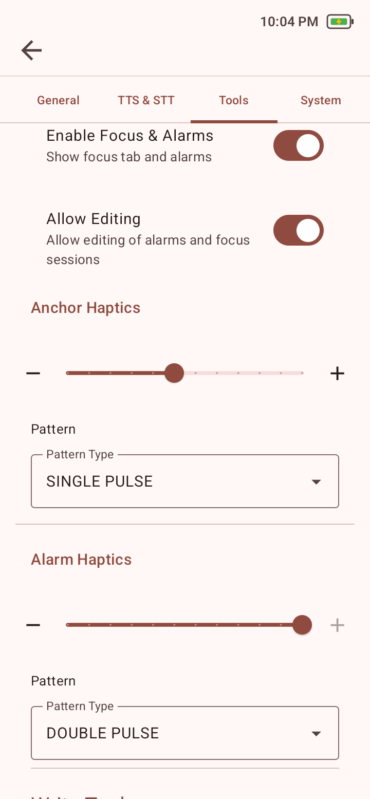 Tools settings showing Focus and Alarms editing plus Anchor and Alarm haptic controls.