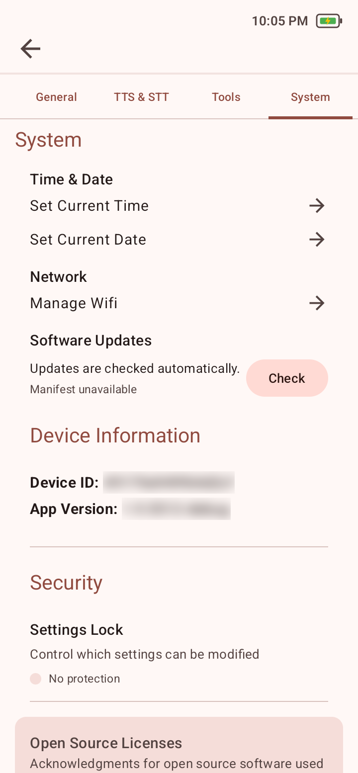 System settings showing time, date, Wi-Fi, software updates, device information, and security.