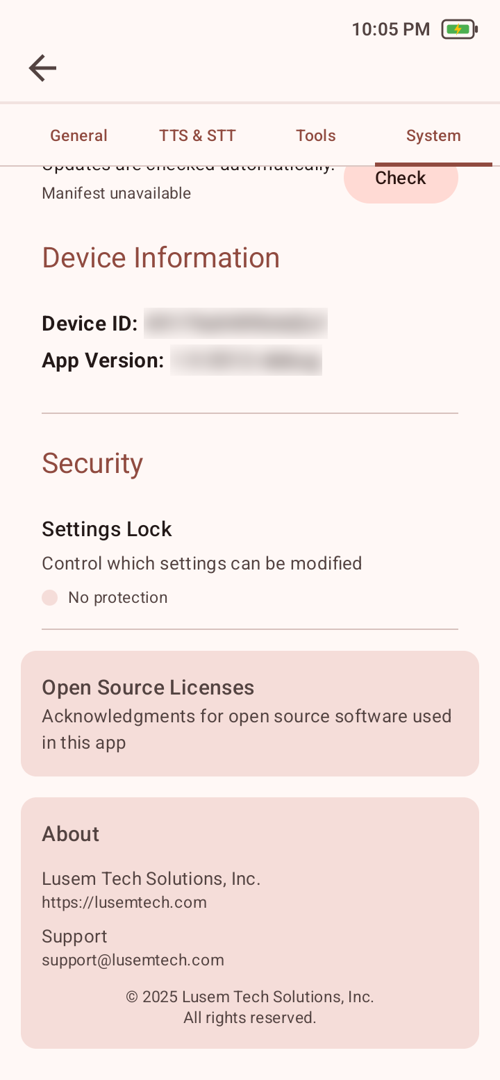 System settings showing Device Information, Settings Lock, Open Source Licenses, and About.