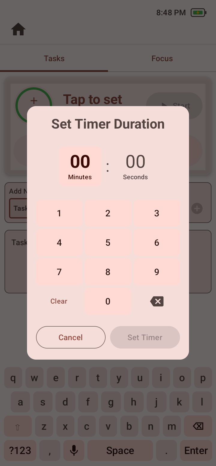 Plan timer duration dialog with minute and second entry and Set Timer action.