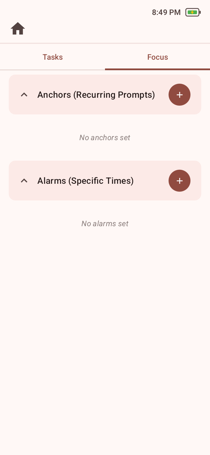 Plan Focus tab with Anchors and Alarms lists and add buttons.