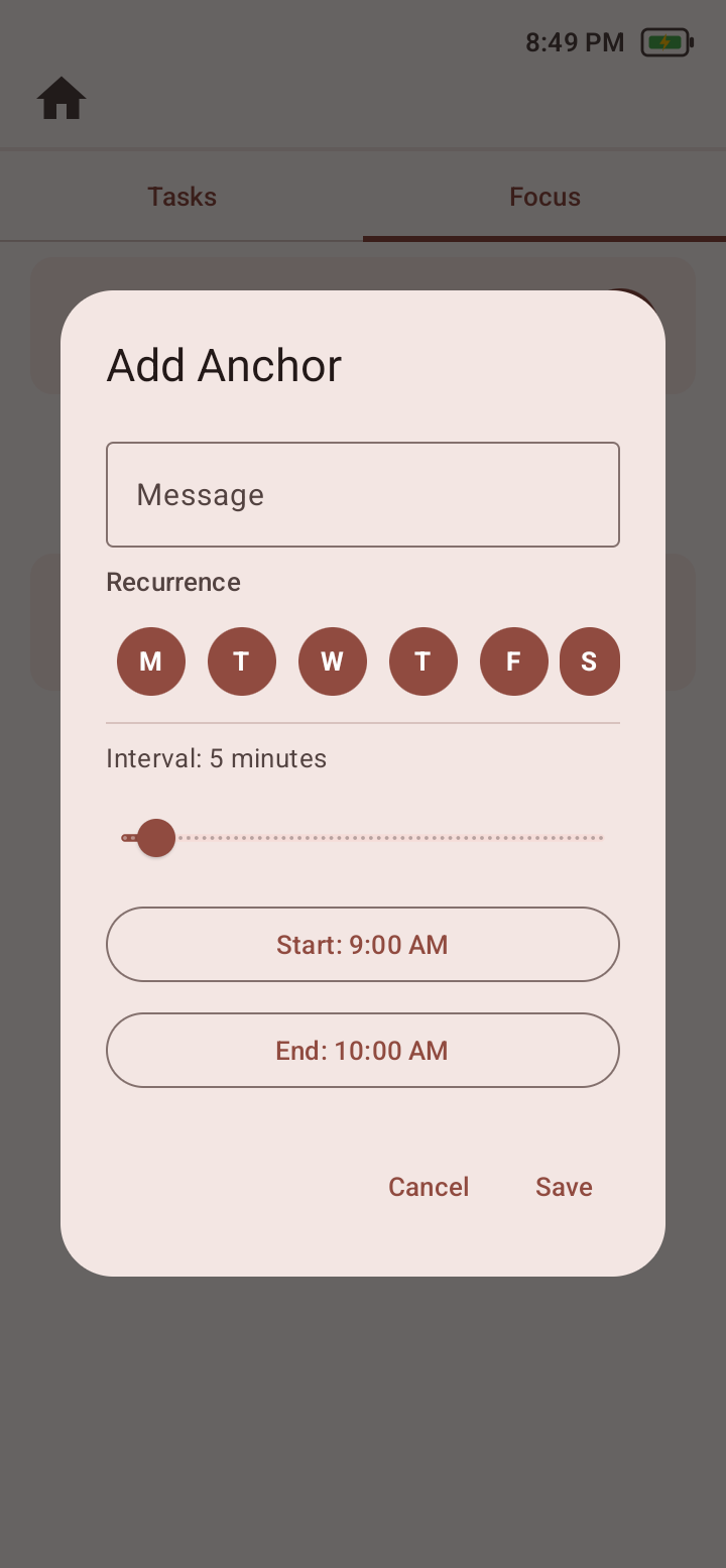 Add Anchor dialog with message, recurrence days, interval, start and end times.
