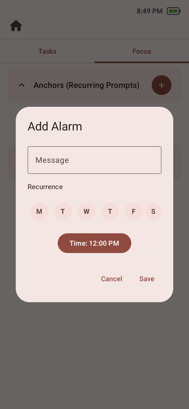 Add Alarm dialog with message, recurrence days, and time.