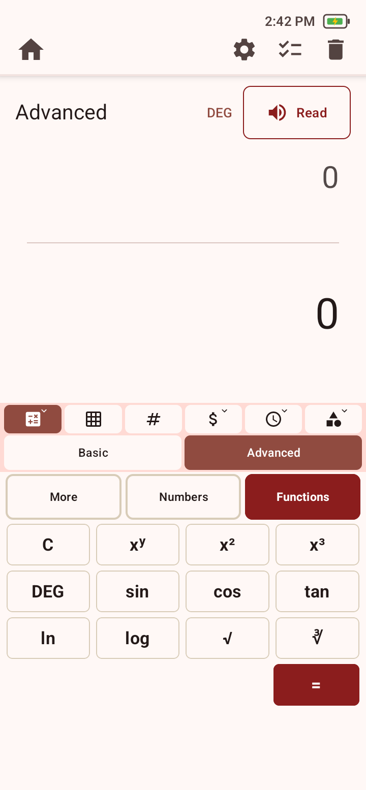 Advanced Calculator with Degrees mode, Read control, More, Numbers, and Functions choices, and a scientific-functions keypad.