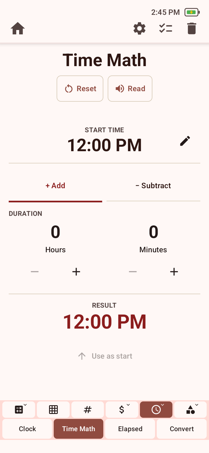 Time Math tool with start time, Add and Subtract choices, hours and minutes duration controls, result, Reset, Read, and Use as start.
