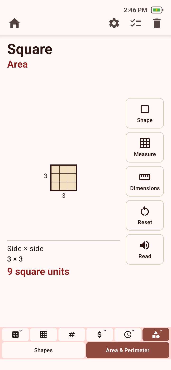 Geometry Area and Perimeter tool showing a square, its dimensions, formula, result, and Shape, Measure, Dimensions, Reset, and Read controls.