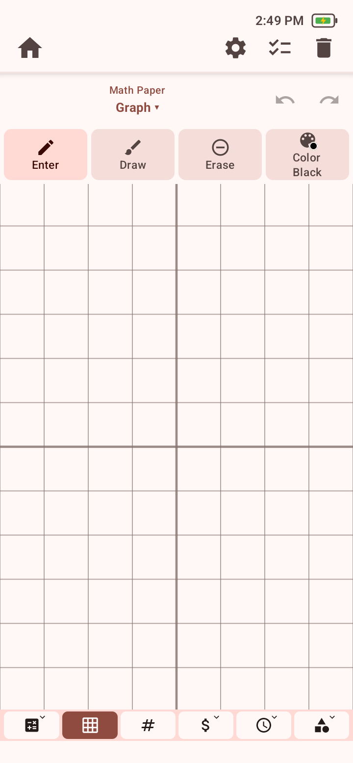 Math Paper in Graph mode with a coordinate grid, Enter, Draw, Erase, Color, undo, and redo controls.