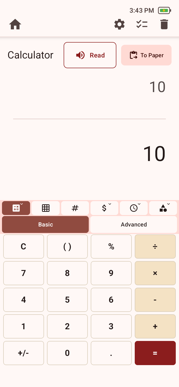 Basic Calculator showing a completed result of 10 and the To Paper button beside Read.
