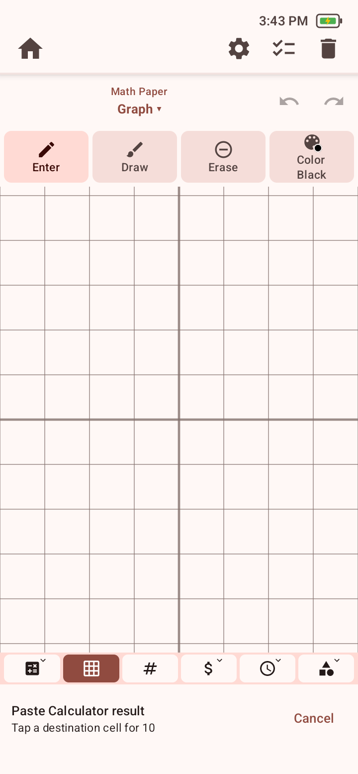 Math Paper Graph view showing Paste Calculator result, Tap a destination cell for 10, and Cancel.