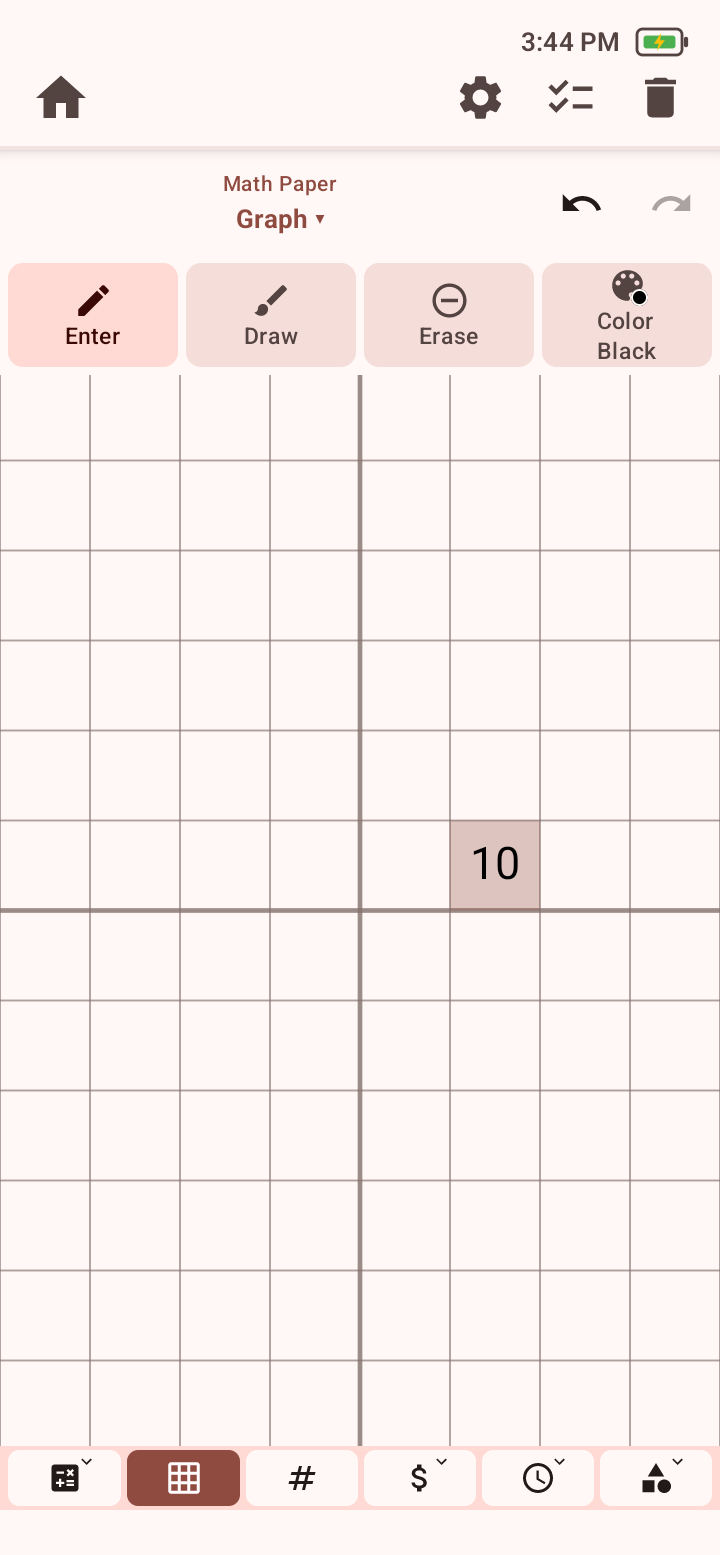 Math Paper Graph view with the calculator result 10 placed in a selected grid cell.