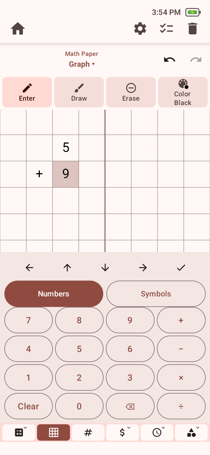 Math Paper Graph view in Enter mode with 5, plus, and 9 entered into grid cells, an active cell, navigation arrows, Numbers and Symbols tabs, and a keypad.