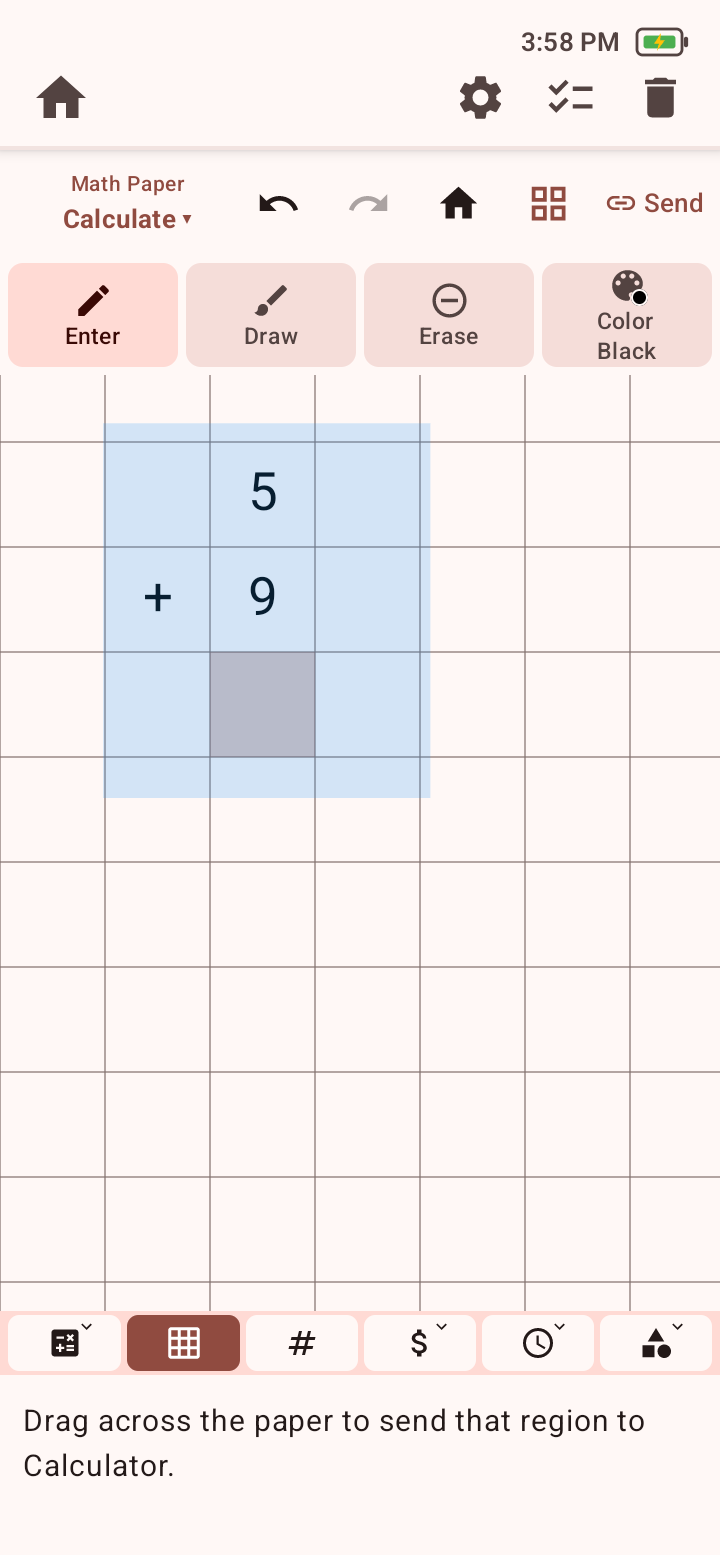 Math Paper Calculate view with 5 plus 9 highlighted in a rectangular selection and an instruction to drag across the paper to send that region to Calculator.