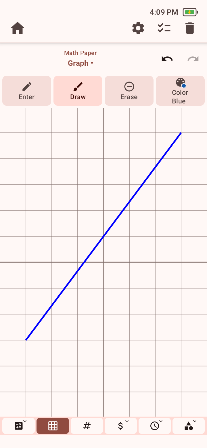 Math Paper Graph mode with Draw selected, Blue selected under Color, and a blue diagonal line drawn across the coordinate plane.