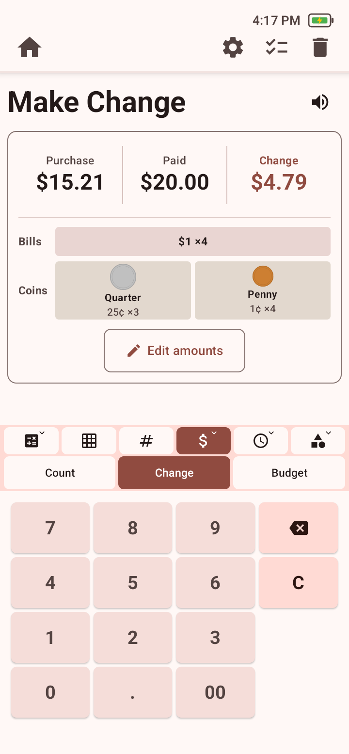 Make Change result showing a fifteen-dollar and twenty-one-cent purchase, twenty dollars paid, and four dollars and seventy-nine cents in change as four one-dollar bills, three quarters, and four pennies.