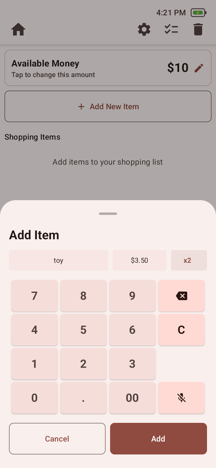 Budget Add Item input sheet showing ten dollars available, an item named toy, a unit cost of three dollars and fifty cents, quantity two, numeric keypad, microphone, Cancel, and Add controls.