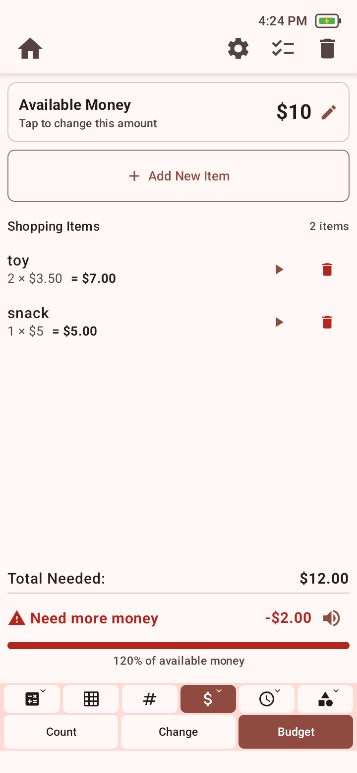 Completed Budget example showing ten dollars available, two toys totaling seven dollars, one snack costing five dollars, twelve dollars needed, and a two-dollar shortfall.