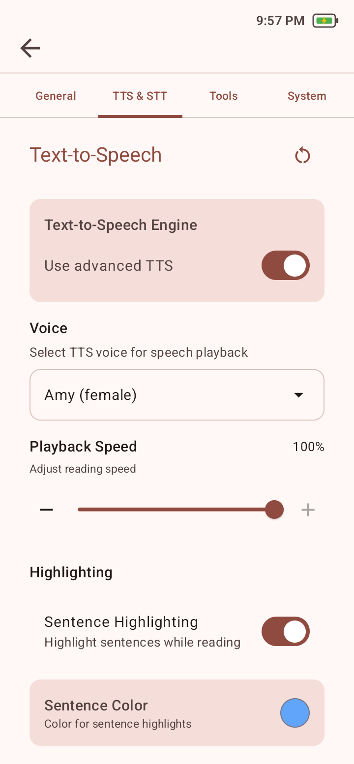 TTS and STT settings with Use advanced TTS enabled and the Voice selector showing Amy female.
