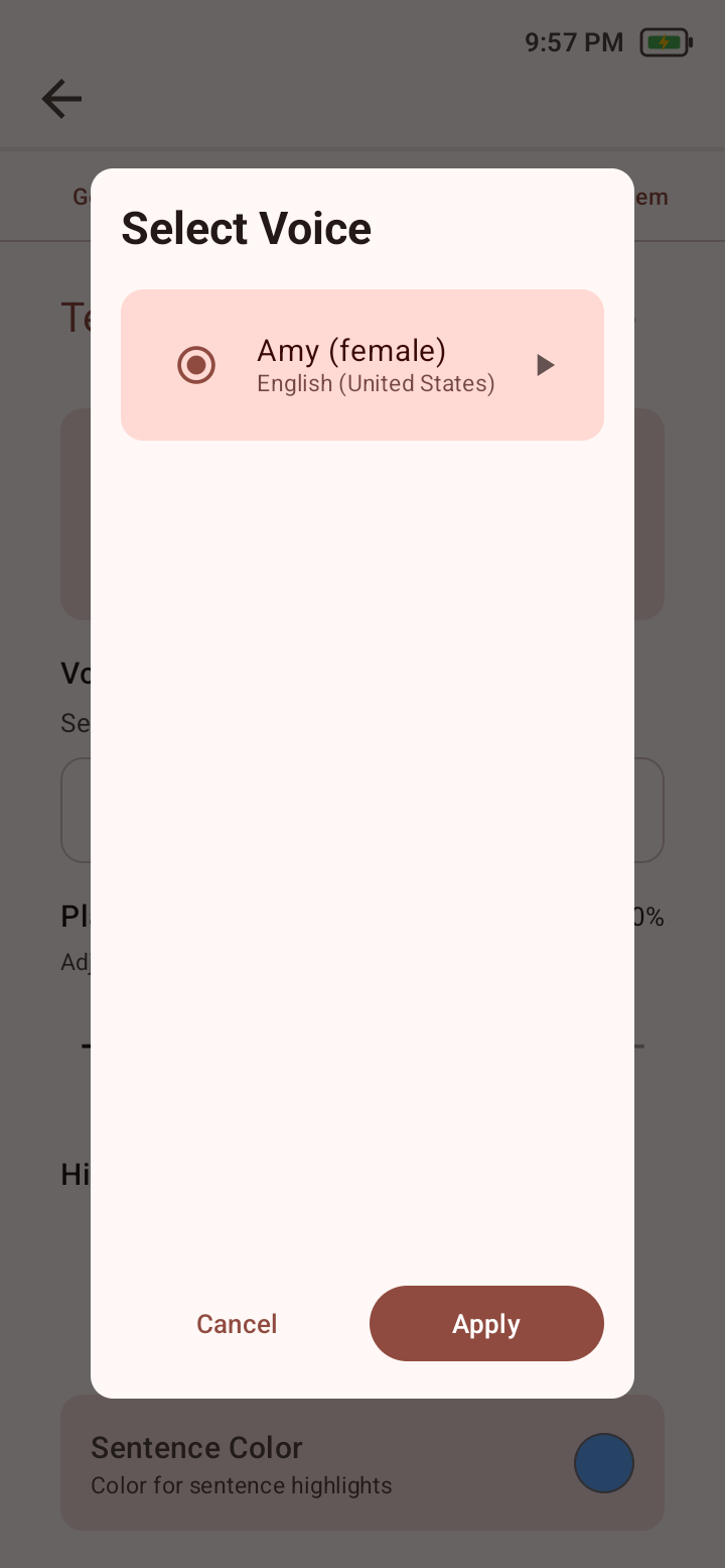 Select Voice dialog showing Amy female selected, a preview control, and Cancel and Apply actions.