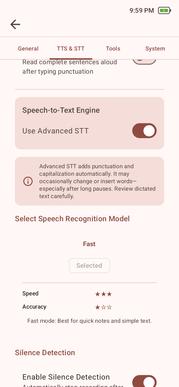 TTS and STT settings with Use Advanced STT enabled, its review warning, Fast speech recognition model selected, and Silence Detection controls.