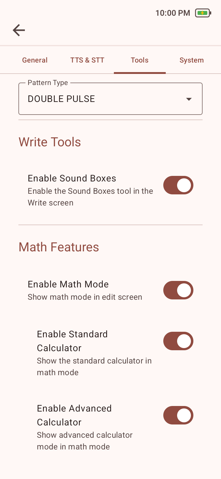 Tools settings showing Write Tools with Enable Sound Boxes and the beginning of Math Features with Math Mode and calculator controls.
