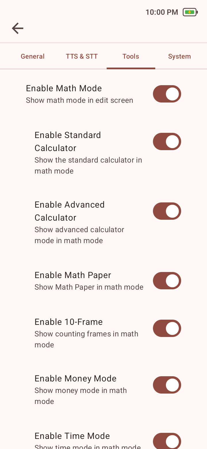 Math Features settings showing Math Mode, Standard Calculator, Advanced Calculator, Math Paper, 10-Frame, Money, and the start of Time controls.