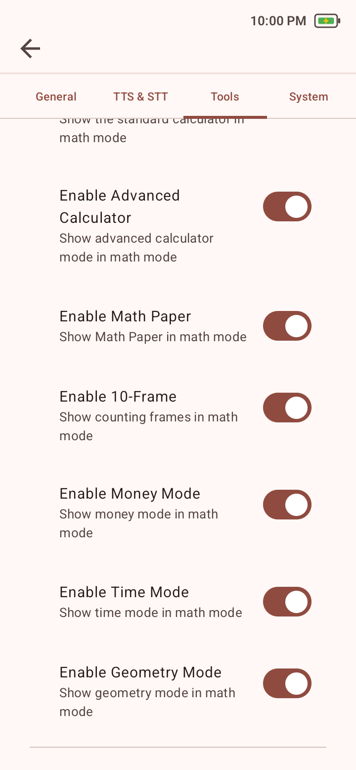 Math Features settings showing Advanced Calculator, Math Paper, 10-Frame, Money, Time, and Geometry switches.