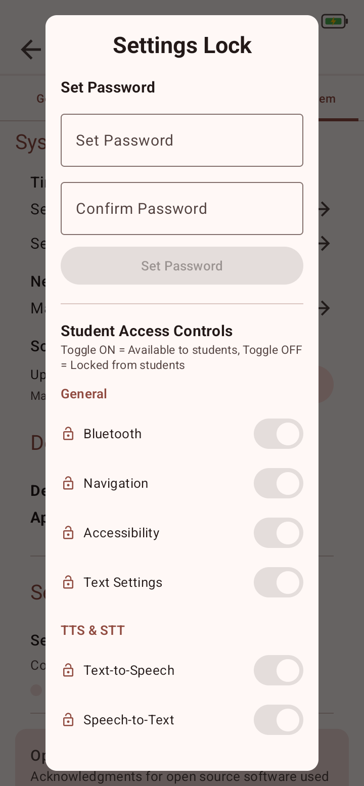 Settings Lock dialog showing Set Password and Confirm Password fields plus disabled Student Access Controls before a password is configured.