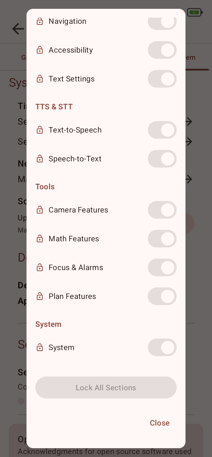 Settings Lock dialog showing General, TTS and STT, Tools, and System access switches, Lock All Sections, and Close.